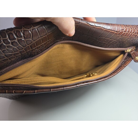 Eric Javits Laptop Tote Brown Croc Embossed Leather Gold Hardware Suede Interior - Picture 5 of 11